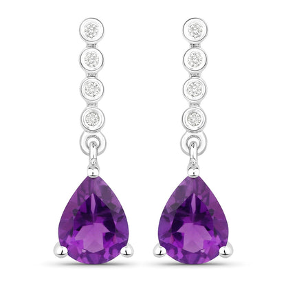 2 Ct Pear Purple Amethyst & Lab Diamond Prong Silver Teardrop Dangle Earrings