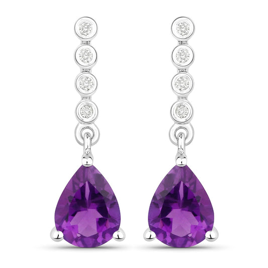 2 Ct Pear Purple Amethyst & Lab Diamond Prong Silver Teardrop Dangle Earrings