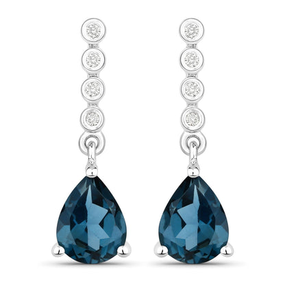 2.30 Ct Pear Deep Blue London Blue Topaz & Lab Diamond Prong Silver Teardrop Dangle Earrings