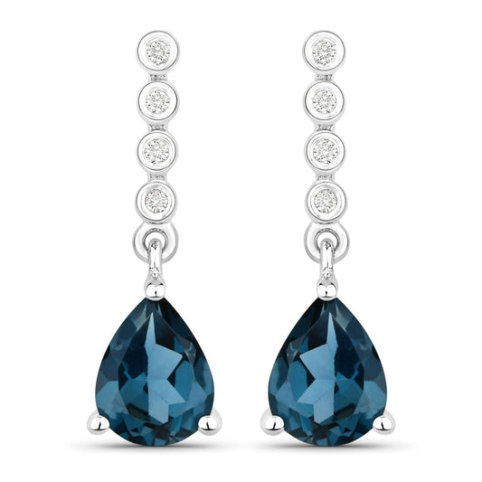 2.30 Ct Pear Deep Blue London Blue Topaz & Lab Diamond Prong Silver Teardrop Dangle Earrings