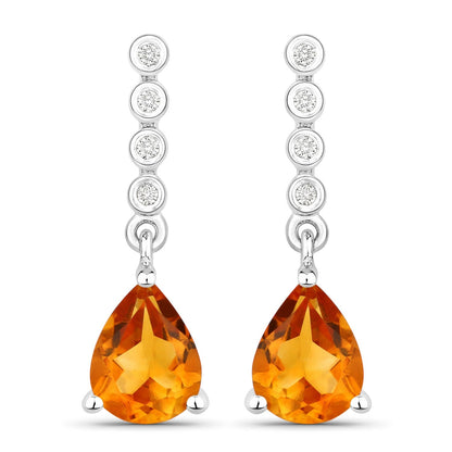 1.80 Ct Pear Golden Yellow Madeira Citrine & Lab Diamond Prong Silver Teardrop Dangle Earrings
