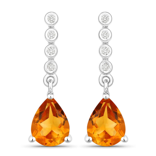 1.80 Ct Pear Golden Yellow Madeira Citrine & Lab Diamond Prong Silver Teardrop Dangle Earrings