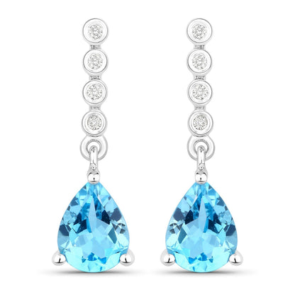 2.30 Ct Pear Swiss Blue Topaz & Lab Diamond Prong Silver Teardrop Dangle Earrings