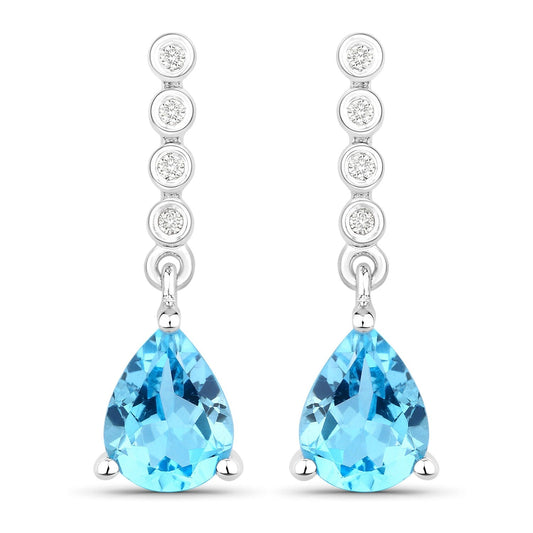 2.30 Ct Pear Swiss Blue Topaz & Lab Diamond Prong Silver Teardrop Dangle Earrings