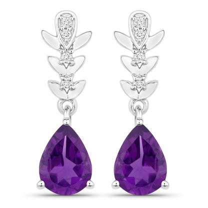 2 Ct Pear Purple Amethyst & Lab Diamond Prong Silver Teardrop Dangle Earrings