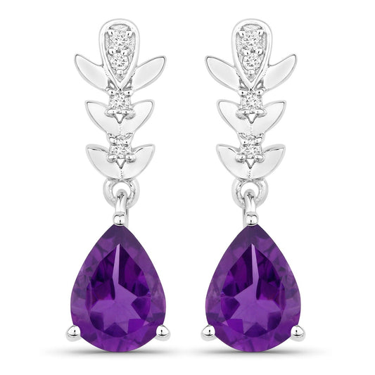 2 Ct Pear Purple Amethyst & Lab Diamond Prong Silver Teardrop Dangle Earrings