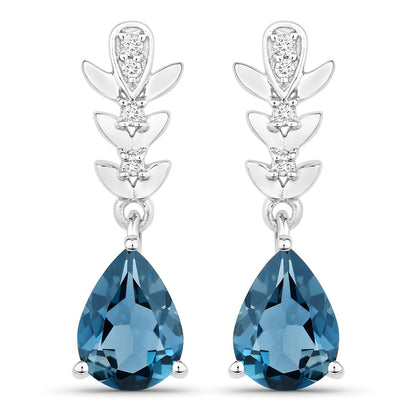 2.30 Ct Pear Deep Blue London Blue Topaz & Lab Diamond Prong Silver Teardrop Dangle Earrings