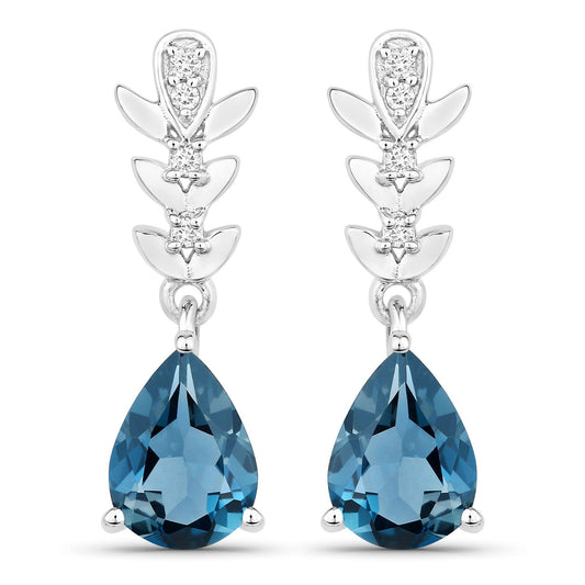2.30 Ct Pear Deep Blue London Blue Topaz & Lab Diamond Prong Silver Teardrop Dangle Earrings