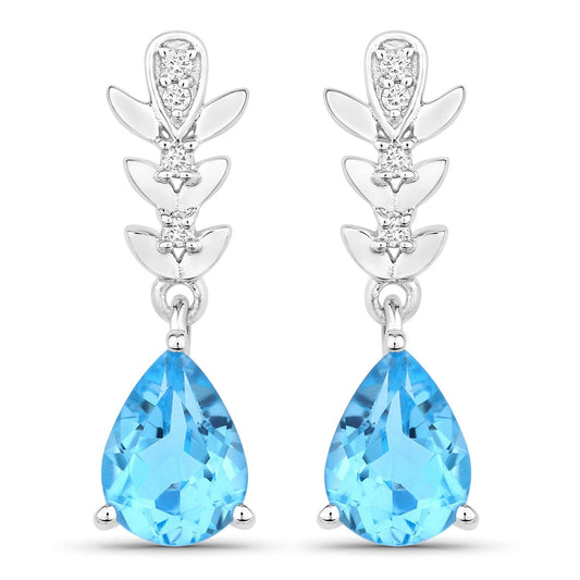 2.30 Ct Pear Swiss Blue Topaz & Lab Diamond Prong Silver Teardrop Dangle Earrings