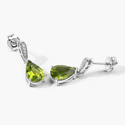 2.70 Ct Pear Green Peridot & Lab Diamond V-Prong Silver Teardrop Dangle Earrings