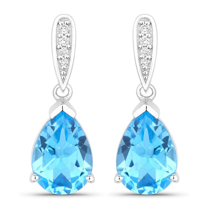 3.80 Ct Pear Swiss Blue Topaz & Lab Diamond V-Prong Silver Teardrop Dangle Earrings