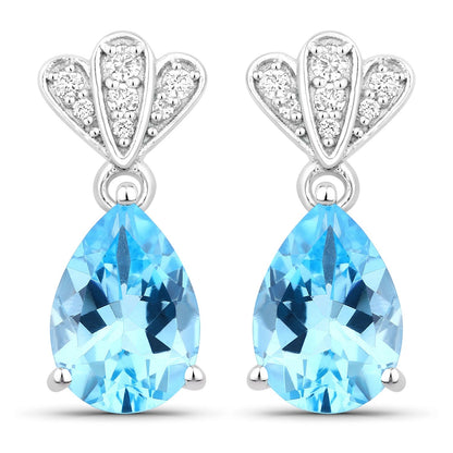 3.80 Ct Pear Swiss Blue Topaz & Lab Diamond Prong Silver Teardrop Dangle Earrings
