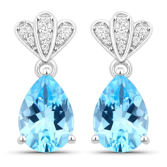 3.80 Ct Pear Swiss Blue Topaz & Lab Diamond Prong Silver Teardrop Dangle Earrings