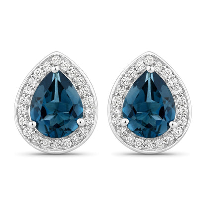2.30 Ct Pear London Blue Topaz & Lab Diamond Prong Silver Halo Stud Earrings