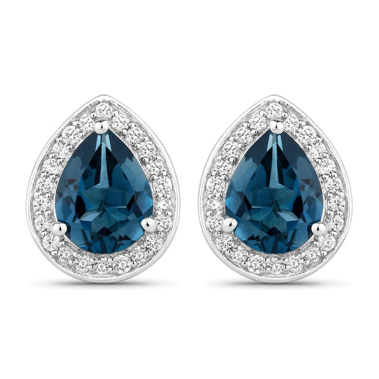 2.30 Ct Pear London Blue Topaz & Lab Diamond Prong Silver Halo Stud Earrings