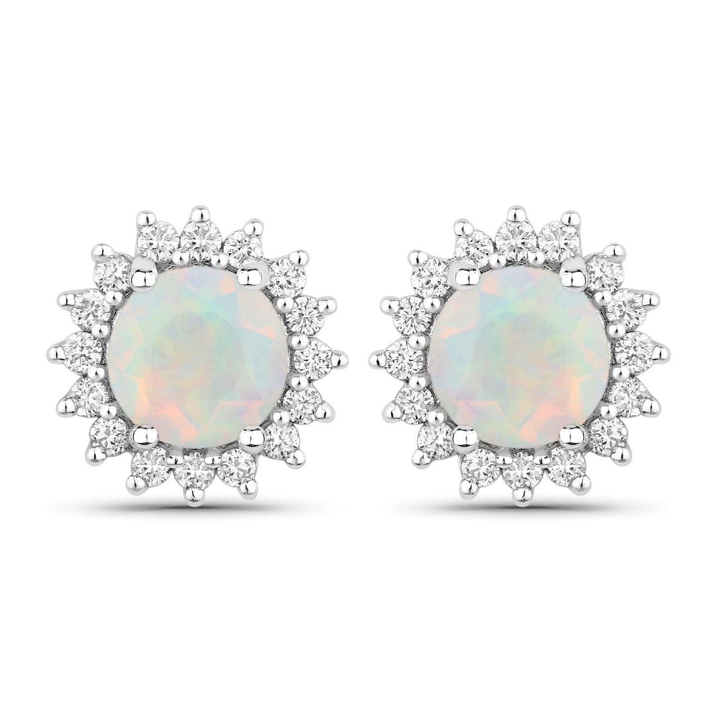 1.00 Ct Round White Ethiopian Opal & Lab Diamond Prong Silver Halo Stud Earrings