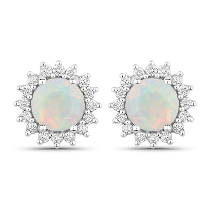 1.00 Ct Round White Ethiopian Opal & Lab Diamond Prong Silver Halo Stud Earrings