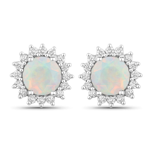 1.00 Ct Round White Ethiopian Opal & Lab Diamond Prong Silver Halo Stud Earrings