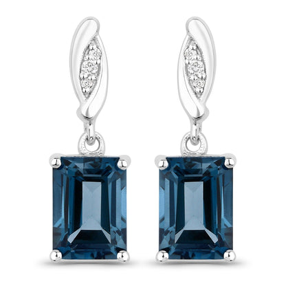 2.14 Ct Octagon London Blue Topaz & Lab Diamond Prong Silver Dangle Earrings