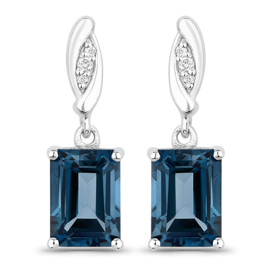 2.14 Ct Octagon London Blue Topaz & Lab Diamond Prong Silver Dangle Earrings