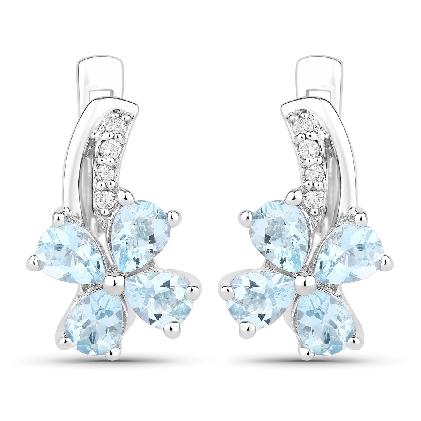 0.96 Ct Pear Blue Aquamarine & Lab Diamond Prong Silver Flower Drop Earrings