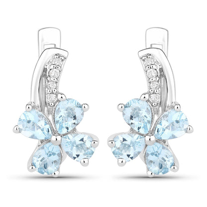 0.96 Ct Pear Blue Aquamarine & Lab Diamond Prong Silver Flower Drop Earrings