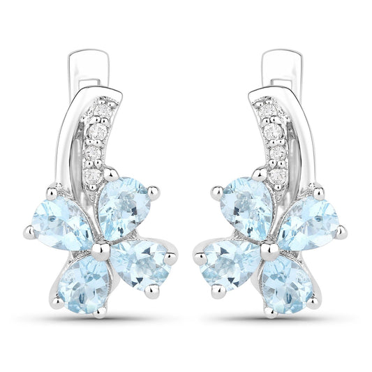 0.96 Ct Pear Blue Aquamarine & Lab Diamond Prong Silver Flower Drop Earrings