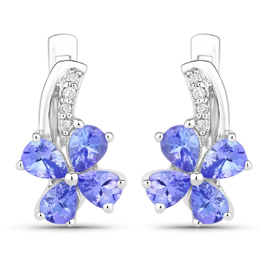1.12 Ct Pear Violet Tanzanite & Lab Diamond Prong Silver Flower Drop Earrings