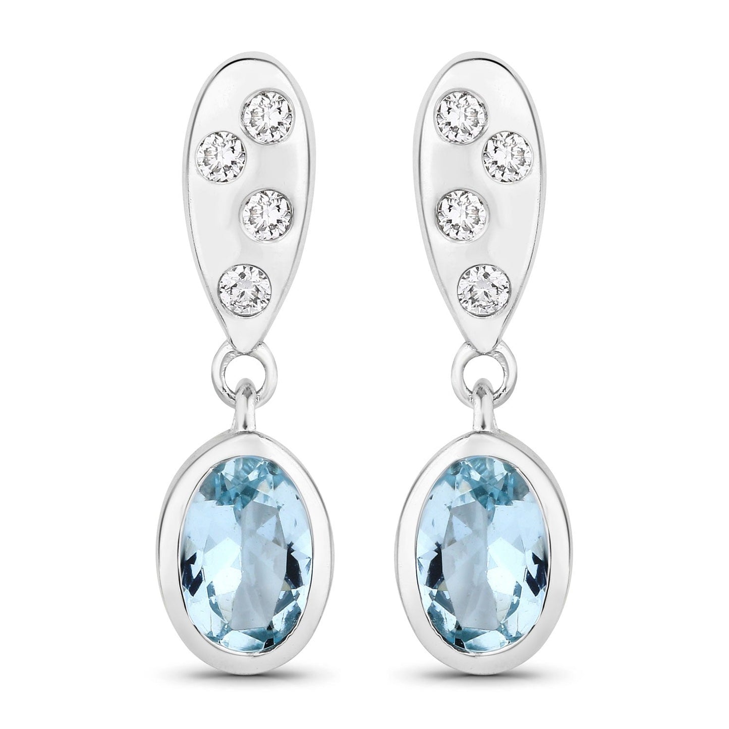 0.80 Ct Oval Blue Aquamarine & Lab Diamond Bezel Silver Dangle Earrings