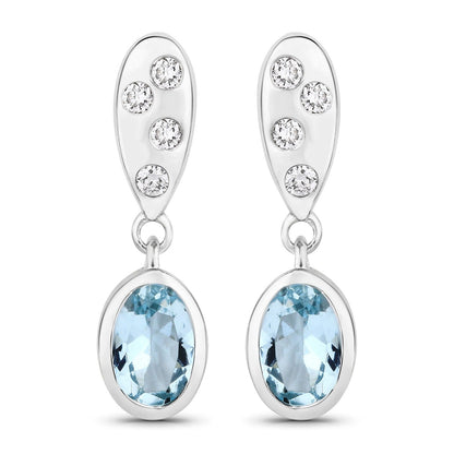 0.80 Ct Oval Blue Aquamarine & Lab Diamond Bezel Silver Dangle Earrings
