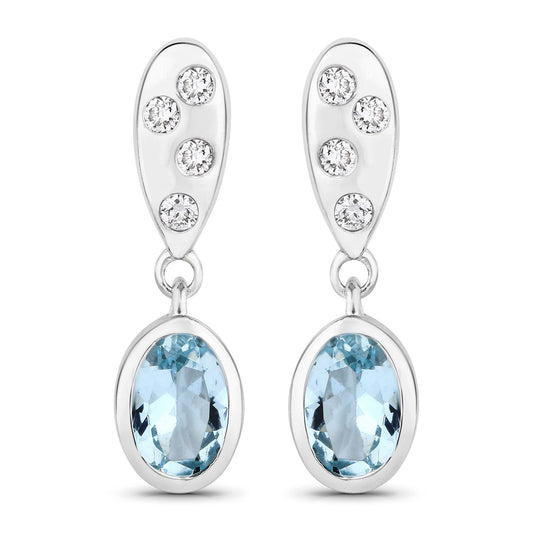 0.80 Ct Oval Blue Aquamarine & Lab Diamond Bezel Silver Dangle Earrings