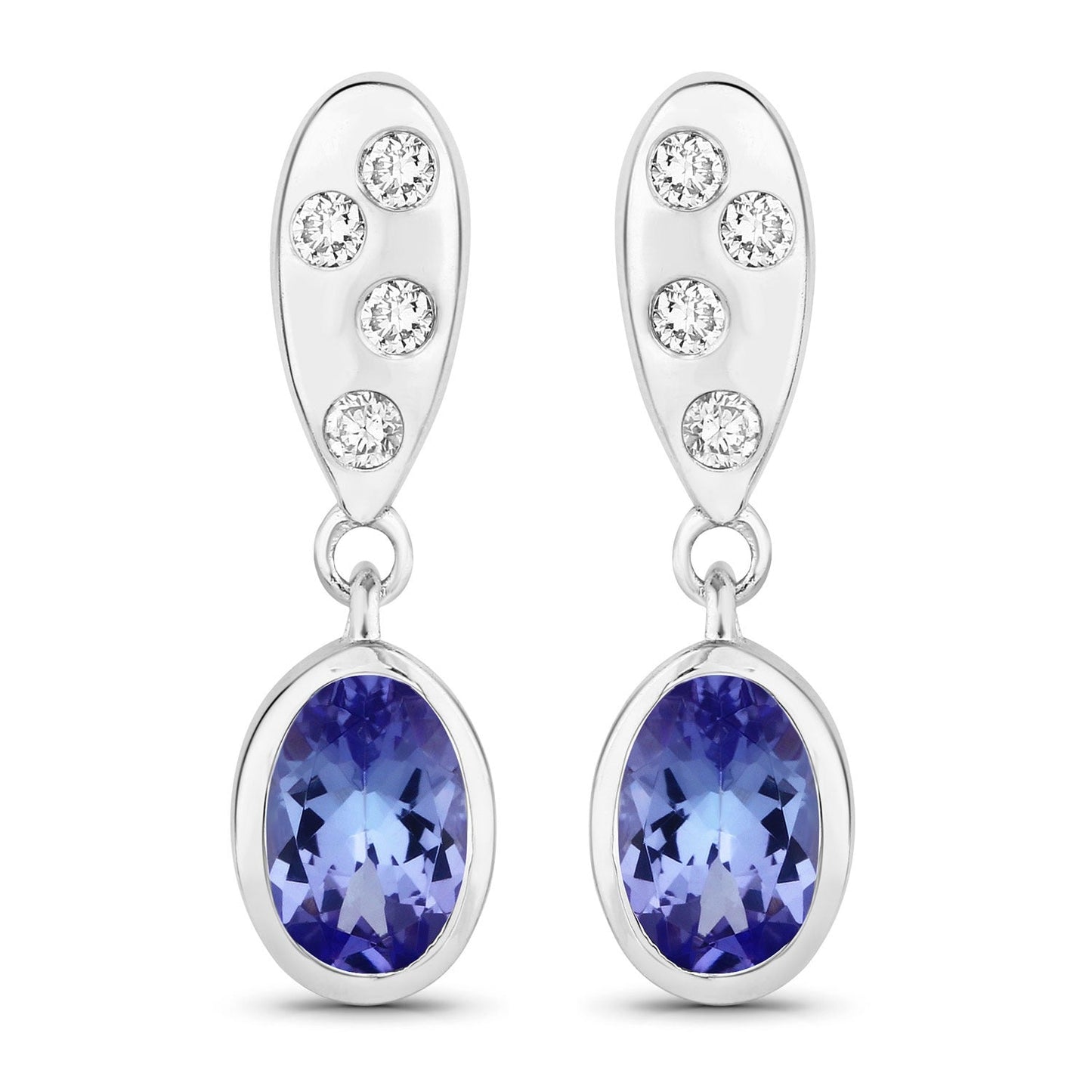 0.88 Ct Oval Violet Tanzanite & Lab Diamond Bezel Silver Dangle Earrings