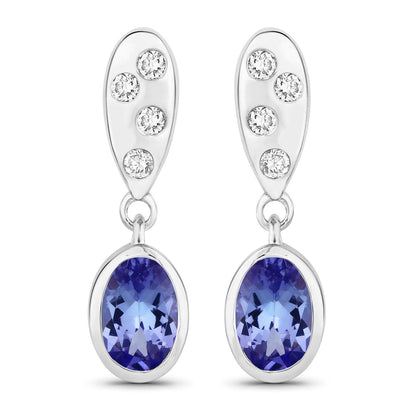 0.88 Ct Oval Violet Tanzanite & Lab Diamond Bezel Silver Dangle Earrings