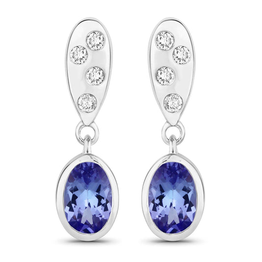 0.88 Ct Oval Violet Tanzanite & Lab Diamond Bezel Silver Dangle Earrings