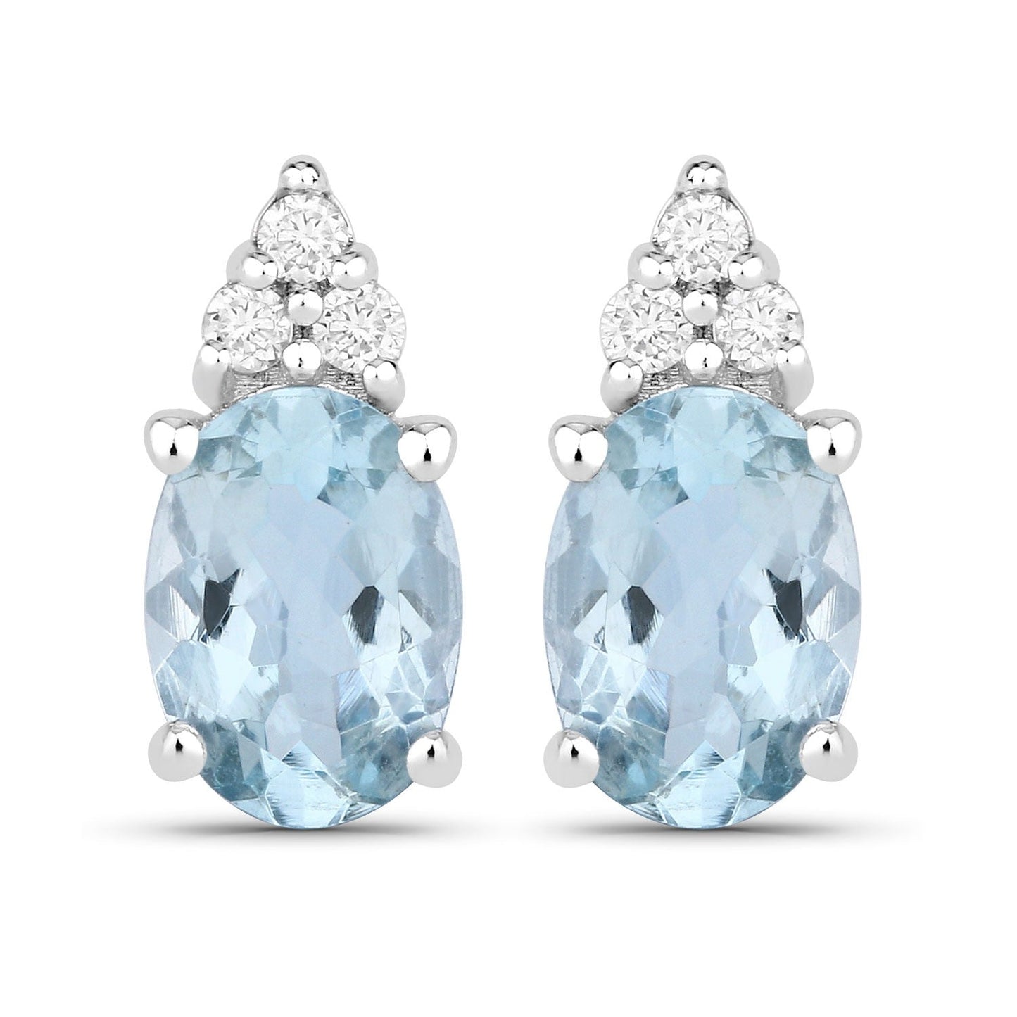 1.20 Ct Oval Blue Aquamarine & Lab Diamond Prong Silver Stud Earrings