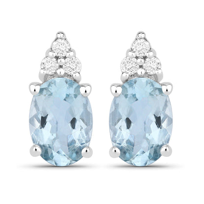 1.20 Ct Oval Blue Aquamarine & Lab Diamond Prong Silver Stud Earrings