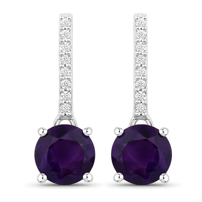 1.46 Ct Round Purple Amethyst & Lab Diamond Prong Silver Dangle Earrings