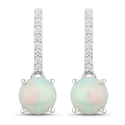 1.00 Ct Round White Ethiopian Opal & Lab Diamond Prong Silver Dangle Earrings