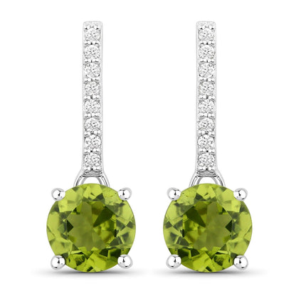 1.60 Ct Round Green Peridot & Lab Diamond Prong Silver Dangle Earrings