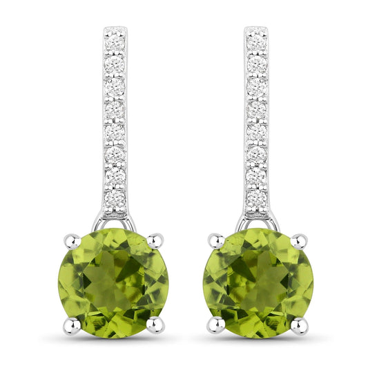 1.60 Ct Round Green Peridot & Lab Diamond Prong Silver Dangle Earrings