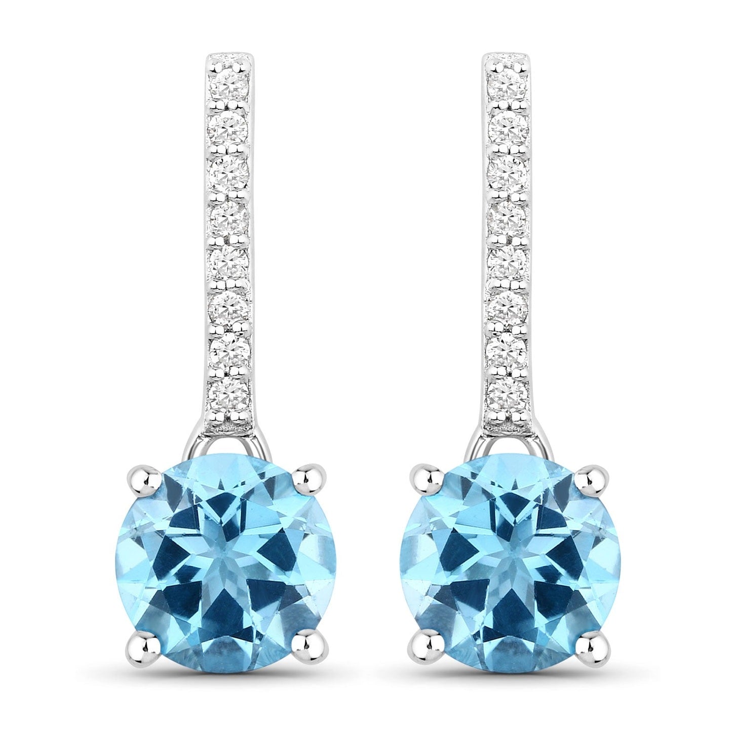 2.10 Ct Round Swiss Blue Topaz & Lab Diamond Prong Silver Dangle Earrings