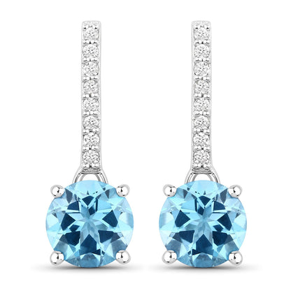 2.10 Ct Round Swiss Blue Topaz & Lab Diamond Prong Silver Dangle Earrings