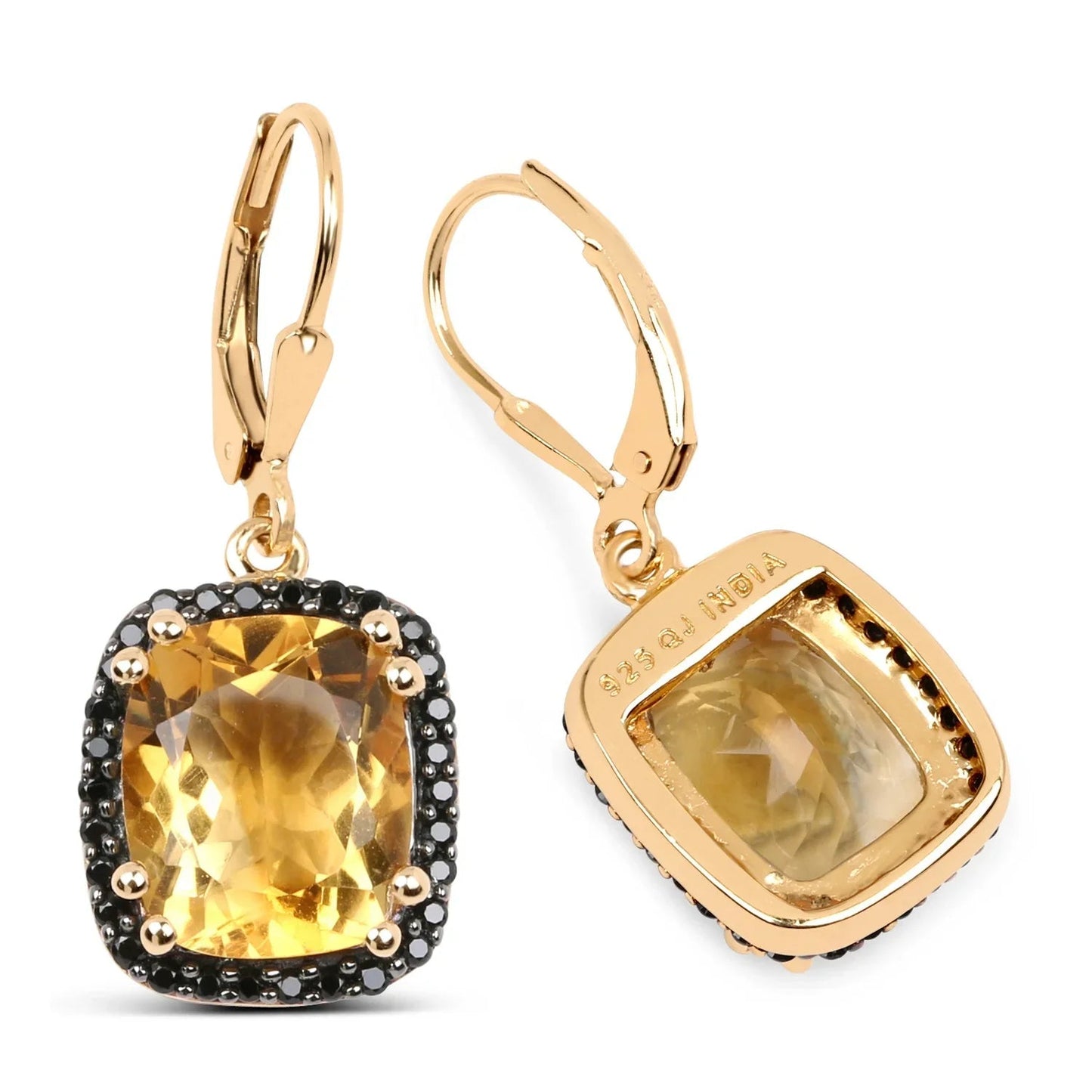 8.90 Ct Yellow Citrine & Black Spinel Prong Silver Leverback Dangle Earrings