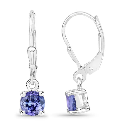0.94 Ct Round Violet Tanzanite Prong Silver Leverback Dangle Earrings