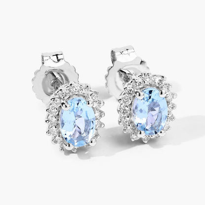 0.80 Ct Oval Blue Aquamarine & Lab Diamond Prong Silver Halo Basket Stud Earrings