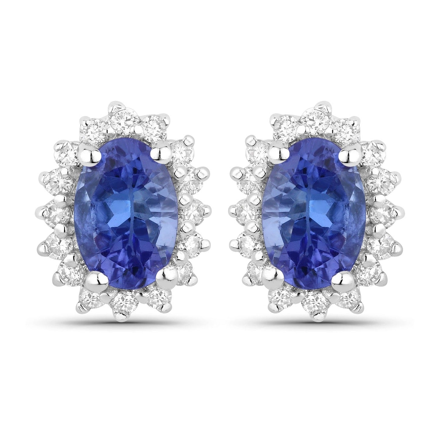 0.88 Ct Oval Violet Tanzanite & Lab Diamond Prong Silver Halo Basket Stud Earrings