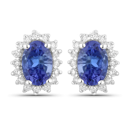 0.88 Ct Oval Violet Tanzanite & Lab Diamond Prong Silver Halo Basket Stud Earrings