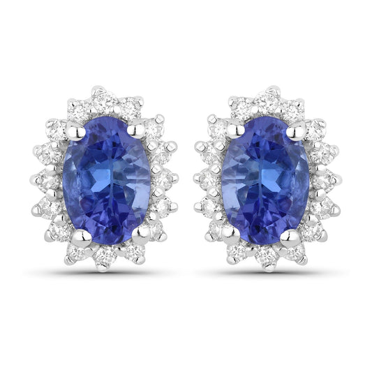 0.88 Ct Oval Violet Tanzanite & Lab Diamond Prong Silver Halo Basket Stud Earrings