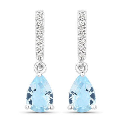 1.20 Ct Pear Blue Aquamarine & Lab Diamond Prong Silver Teardrop Dangle Earrings