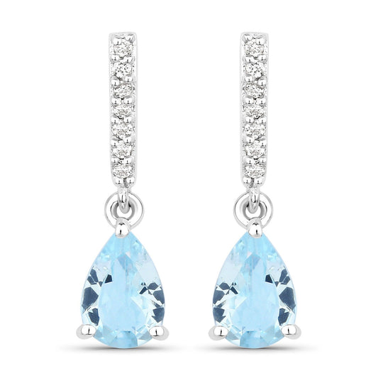 1.20 Ct Pear Blue Aquamarine & Lab Diamond Prong Silver Teardrop Dangle Earrings